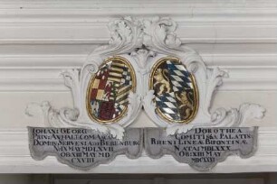 Wappenpaare in Kartuschen — Wappen des Fürsten Johann Georg I. von Anhalt-Dessau (1567-1618) und seiner Ehefrau Dorothea von Pfalz-Simmern (1581-1631)
