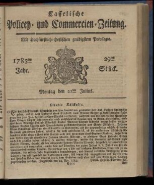 29tes Stueck, Montag den 21ten Julius. 1783