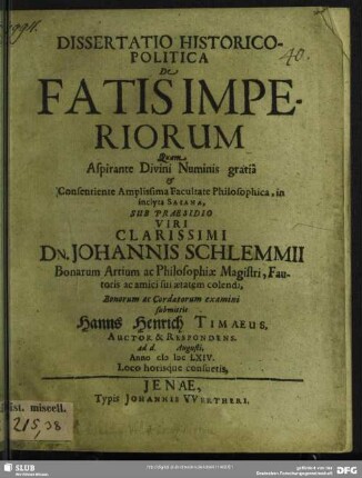Dissertatio Historico-Politica De Fatis Imperiorum