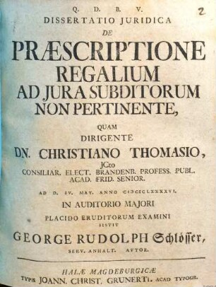 Dissertatio Juridica De Præscriptione Regalium Ad Jura Subditorum Non Pertinente