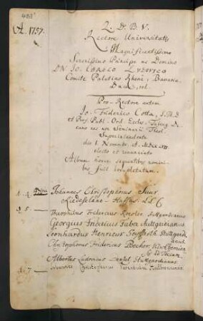 Winterhalbjahr 1757/1758. Rektorat (Prorektor) Johann Friedrich Cotta