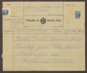 Telegramm von Catherine Marschall an Prinz Max von Baden; Ankunft in Überlingen