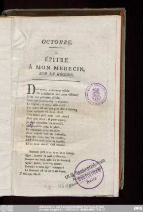 Octobre. Épître À Mon Médicin, Sur Le Régime.