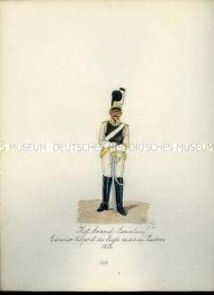 Uniformdarstellung, Korporal des Kürassier-Regiments vacant "von Zastrow", 1812. Aus: Sammelmappe "Sachsens Militär", Königliche Arsenalsammlung.