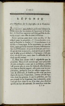 Réponse Aux Objections sur la suppression de la Féodalité.
