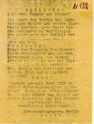 Hektografierter Handzettel mit Aufruf zum Widerstand gegen die Nazis im Kampf um Berlin