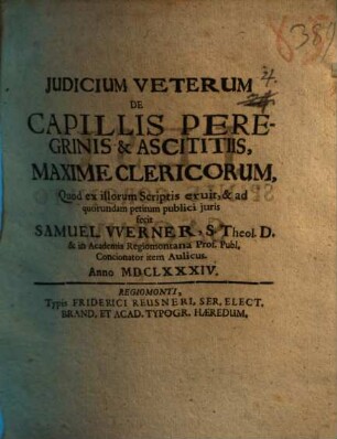 Judicium veterum de capillis peregrinis et ascititiis, maxime clericorum