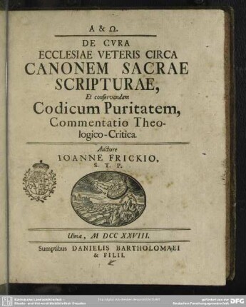 De Cura Ecclesiae Veteris Circa Canonem Sacrae Scripturae et conservandam Codicum Puritatem, Commentatio Theologico-Critica