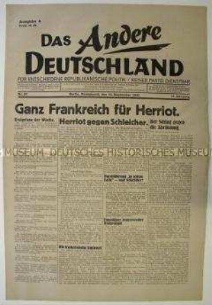 Pazifistische Wochenzeitung "Das Andere Deutschland" u.a. zu Beziehungen mit Frankreich
