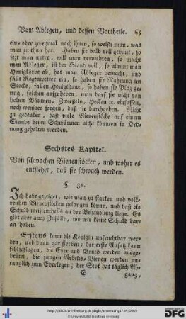 Sechstes Kapitel. Von schwachen Bienenstöcken, und woher es entstehet, daß sie schwach werden.