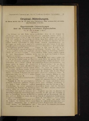 Experimentelle Untersuchungen über die Vererbung erworbener Eigenschaften.