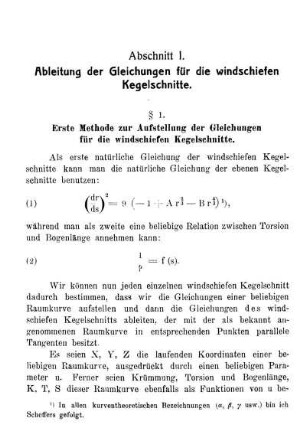 Abschnitt I. - Ableitung der Gleichungen für die windschiefen Kegelschnitte.