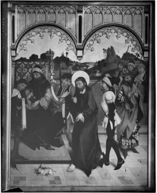 Tiefenbronn Katholische Kirche Sankt Maria Magdalena Hochaltar (1469) von Hans Schüchlin Schrein geöffnet linker Innenflügel, oben Christus vor Pilatus