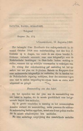 Batavia, Banka, Singapore, Telegraaf. Rapport No. 374. 's Gravenhage, 25 Augustus 1895
