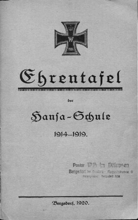Ehrentafel der Hansa-Schule 1914 - 1919