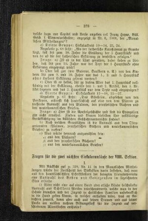 Fragen für die zwei nächsten Cirkularumläufe der VIII. Sektion