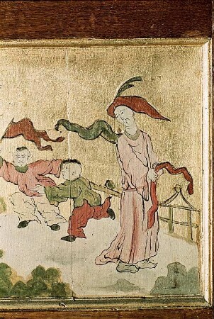 Paneelfeld mit chinoiser Figurenmalerei (stehender Mann mit zwei laufenden Kindern)