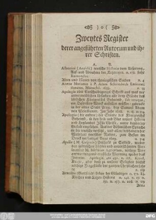 Zweytes Register derer angeführten Autorum und ihrer Schriften.