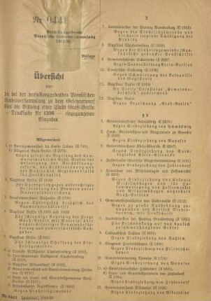 Übersicht über die bei der verfassunggebenden Preußischen Landesversammlung zu dem Gesetzentwurf über die Bildung einer Stadt Groß-Berlin - Drucksache Nr 1286 - eingegangenen Eingaben