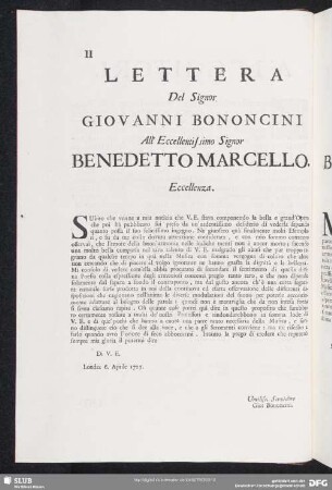 Lettera Giovanni Bononcini - Benedetto Marcello
