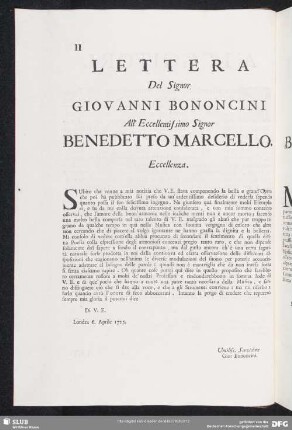Lettera Giovanni Bononcini - Benedetto Marcello