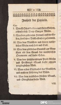 Innhalt der Capiteln.
