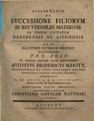 De successione filiorum in res utensiles maternas ex quibus civitatum Dresdensis ac Lipsiensis