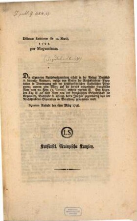 Deputationsbericht vom 6. März 1798 : Mit Beylagen ; Dictatum Rat. d. 12. Mart. 1798