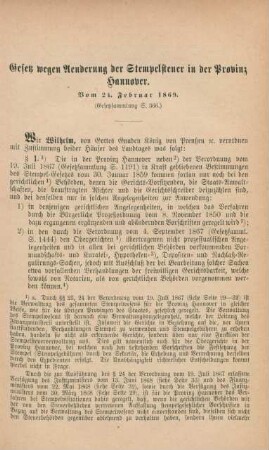 Gesetz wegen Aenderung der Stempelsteuer in der Provinz Hannover. Vom 24. Februar 1869
