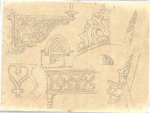 Zocher, Ernst; Architektur- Ornament- und Figurenstudien - gotische Fenster, Wandleuchter u. Ornamente (Details)