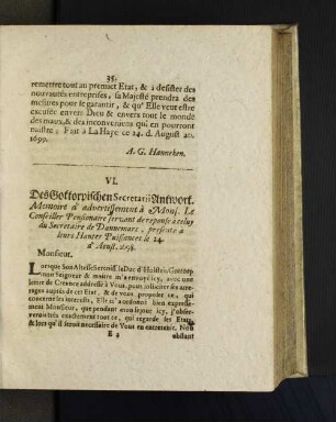 VI. Des Gottorpischen Secretarii Antwort. Memoire d'advertissement à Mons. ...