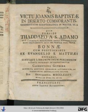 De Victu Joannis Baptistae In Deserto Commorantis : Commentatio Scripturistica In Matth. III.4.