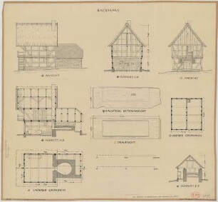 Obringhausen (Kreis Meschede): Hof Withoff. - Backhaus (Grundrisse, Giebelansicht, Seitenansicht, Schnitte). - Backtrog (Draufsicht, Seitenansicht)
