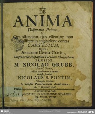 De Anima, Disputatio Prima : In Qua ostenditur ejus essentiam non consistere in cogitatione contra Cartesium