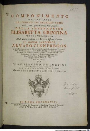 Componimento da cantarsi nel giorno del glorioso nome della Sacra Cesarea Cattolica Real Maestà della Imperadrice Elisabetta Cristina