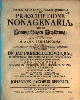 Dissertatio Inauguralis Juridica De Praescriptione Nonagenaria, Von der Neuntzigjährigen Verjährung