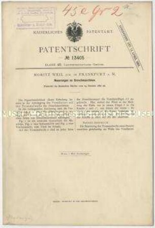Patentschrift über Neuerungen an Dreschmaschinen, Patent-Nr. 13405