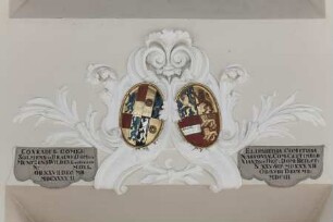 Wappenpaare in Kartuschen — Wappen des Grafen Konrad zu Solms-Braunfels (1540-1592) und seiner Ehefrau Elisabeth von Nassau-Dillenburg