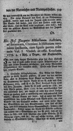 Miscellanea Austriaca, ad Botanicam, Chemicam et Historiam naturalem spectantia. Vol.I.