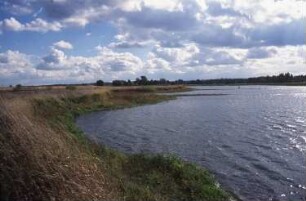 Königsbrück. Ehemaliger Truppenübungsplatz der Gruppe der Sowjetischen Streitkräfte in Deutschland (GSSD) im Staubereich der Pulsnitz. Stausee der Pulsnitz. Blick vom Ufer über das Wasser
