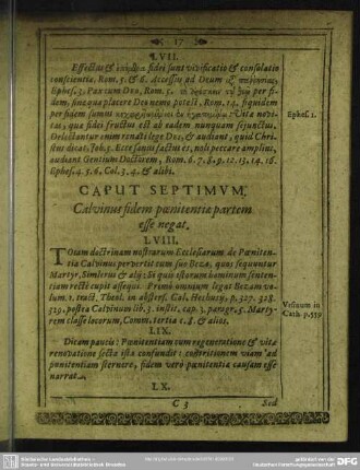 Caput Septimum. Calvinus fidem poenitentiae partem esse negat
