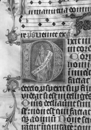 Psalterium Rudnicense — Initiale D mit Greis ein Spruchband haltend, Folio 35 b