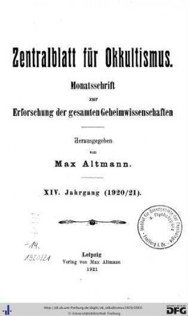 14: Zentralblatt für Okkultismus: Monatsschrift zur Erforschung der gesamten Geheimwissenschaften