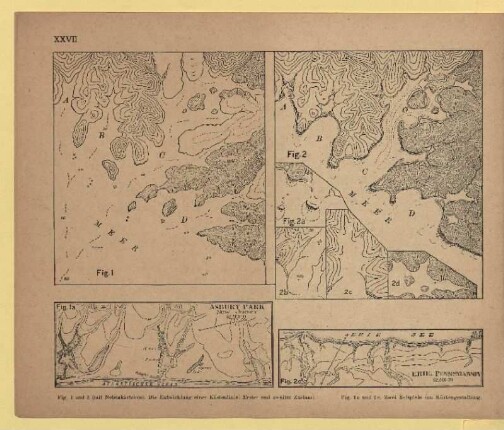 XXVII. Fig. 1 und 2 (mit Nebenkärtchen). Die Entwicklung einer Küstenlinie: Erster und zweiter Zustand, Fig. 1 a und 2 e. Zwei Beispiele von Küstengestaltung