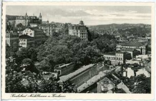 Karlsbad. Mühlbrunn und Kurhaus : Karlsbad. Mühlbrunn-Quai an der Teplá mit Mühlbrunn-Kolonnade und Kurhaus. Stadtteilansicht mit Westend und Königs-Villa sowie Villa Theresa