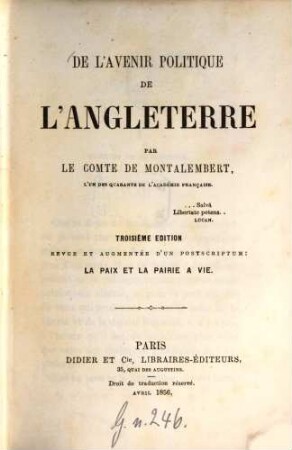 De l'avenir politique de l'Angleterre