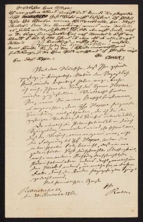 Nachricht an Hoppe-Seyler, geschrieben auf einem Brief Roeters (?), der eine Bemerkung von Hoppe-Seyler enthält, o.O., 30.11.1862.