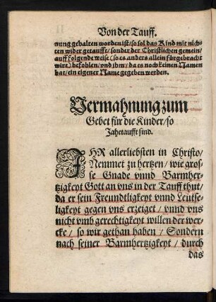 Vermahnung zum Gebet für die Kinder/ so Jahetaufft sind.