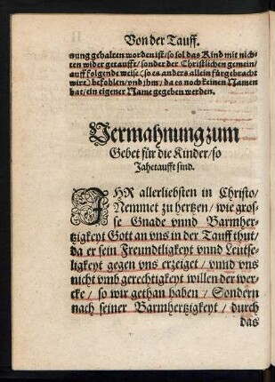 Vermahnung zum Gebet für die Kinder/ so Jahetaufft sind.