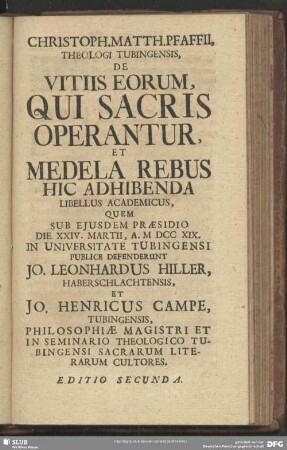 De Vitiis Eorum, Qui Sacris Operantur Et Medela Rebus Hic Adhibenda Libellus Academicus ...